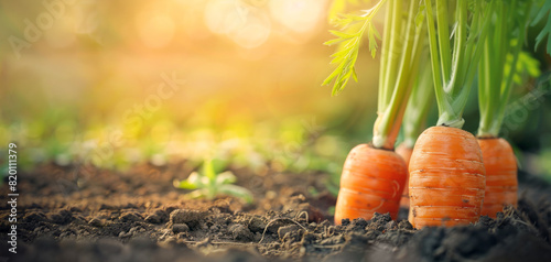 Ripe carrots growing from the ground in the garden. Organic farming, horticulture and agriculture vegetable production, banner. photo