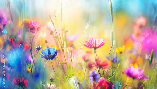 Beautiful summer meadow with colorful wildflowers. Vegetative nature landscape with soft effect.