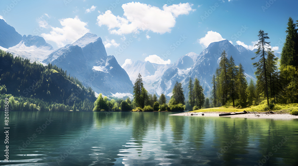 Icy lake reflecting distant mountains.a lake surrounded by trees and mountains. Beautiful Nature View Images