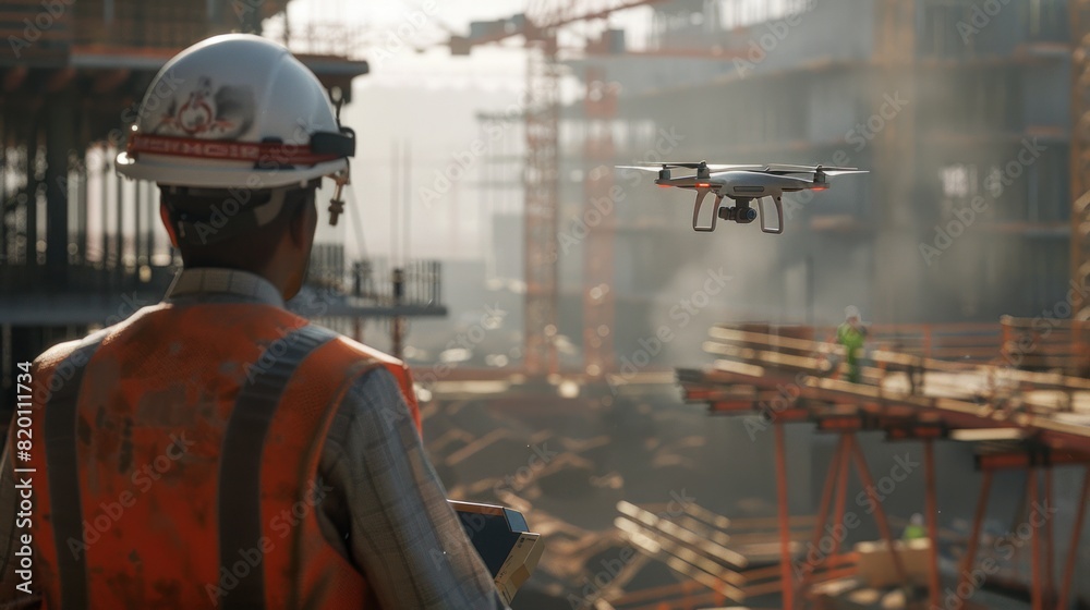 A construction worker wearing a hard hat and orange vest watches a drone flying above a construction site. A construction worker wearing a hard hat and orange vest watches a drone flying above a construction site.