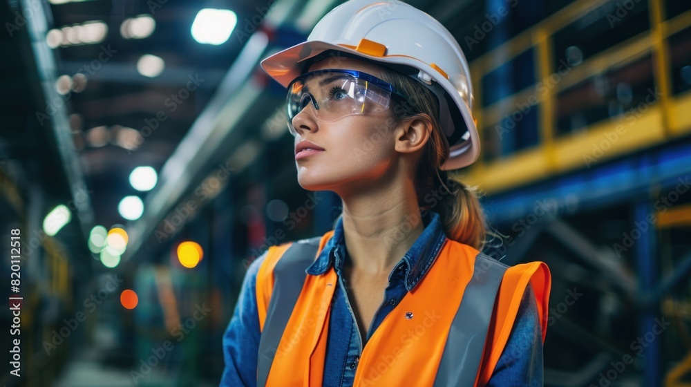 Quality control is carried out by a female engineer inspector using safety equipment during factory inspection of metalwork fabrication Quality control is carried out by a female engineer inspector using safety equipment during factory inspection of metalwork fabrication