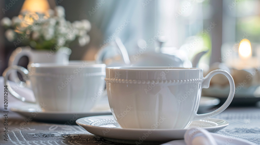 Elegant white teacup on table. A pristine white teacup with intricate details, placed on a beautifully set table with soft lighting.