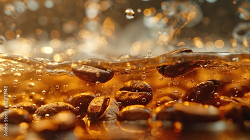 Close-up of dark, rich coffee beans floating among glistening golden bubbles, capturing the essence of fresh coffee in motion..