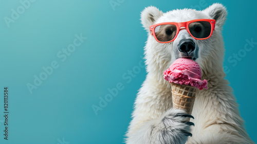 Polar Bear Wearing Sunglasses Eating Ice Cream on Blue Background.
