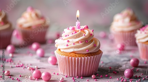 Celebratory Birthday Cupcake with Pink Decoration and Candle