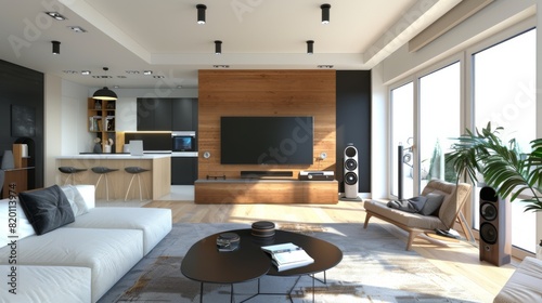 Multi-room speaker system shown in a modern apartment, seamlessly integrated into the home decor.