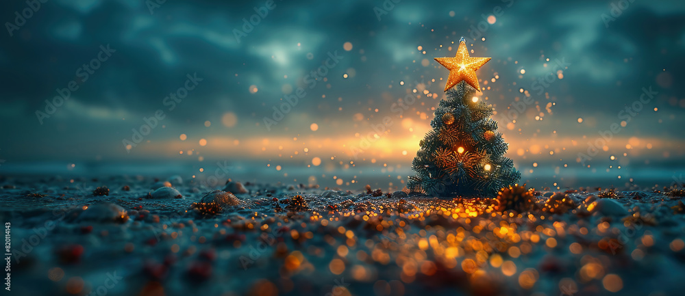 Christmas tree and star of Bethlehem in a desert landscape.