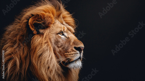 Portrait of a majestic lion. A powerful and majestic lion with a flowing mane  captured in a dramatic and regal profile view.