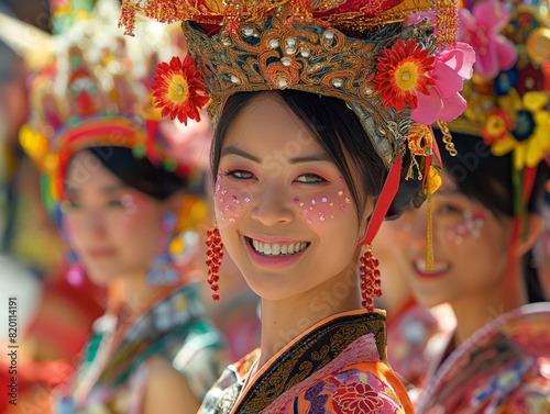 A group of women wearing traditional Asian clothing and headdresses are smiling for the camera. The women are dressed in bright colors and are posing for a photo. Scene is cheerful and celebratory photo