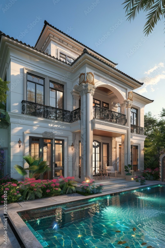 Fototapeta premium Modern Villa with Swimming Pool and Courtyard