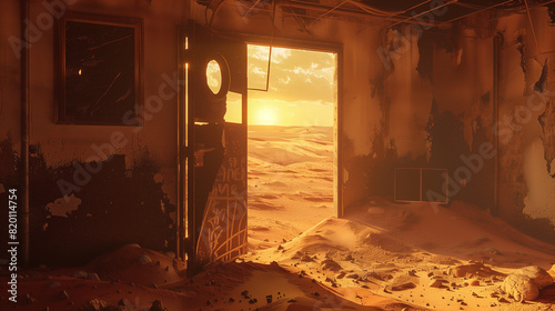 A stunningly realistic photograph capturing the interior of a deserted house on Mars during sunset, surrounded by a swirling haze of dust and sand.