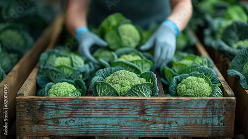 A person wearing blue gloves is placing broccoli in wooden boxes, with the focus on closeup shots of green heads and dark leaves arranged neatly inside each box, healthy eating
