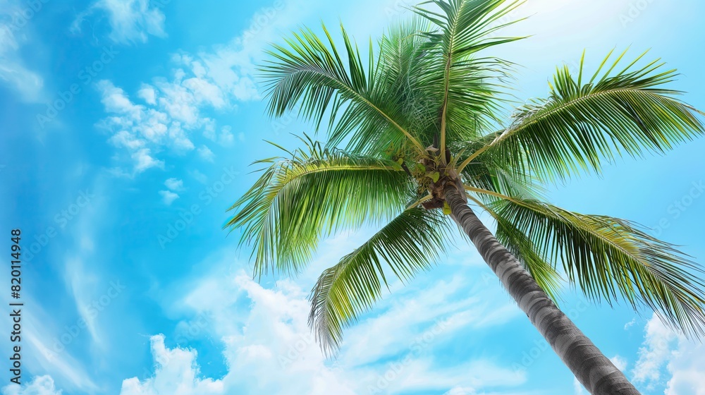 A tall palm tree with green fronds reaching toward a bright blue sky on a sunny day with scattered clouds..