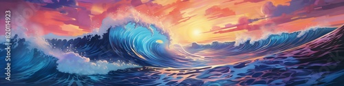 Ocean waves and colorful sunset, illustration, landscape showcasing the power of nature