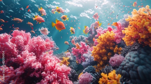 Underwater image of a coral reef with many tropical fish.