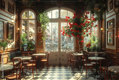 An interior design restaurant with hanging flowers  tables  and chairs