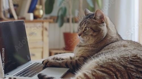 Overweight cat sitting next to a laptop, appearing to work from home alongside its owner. © Plaifah