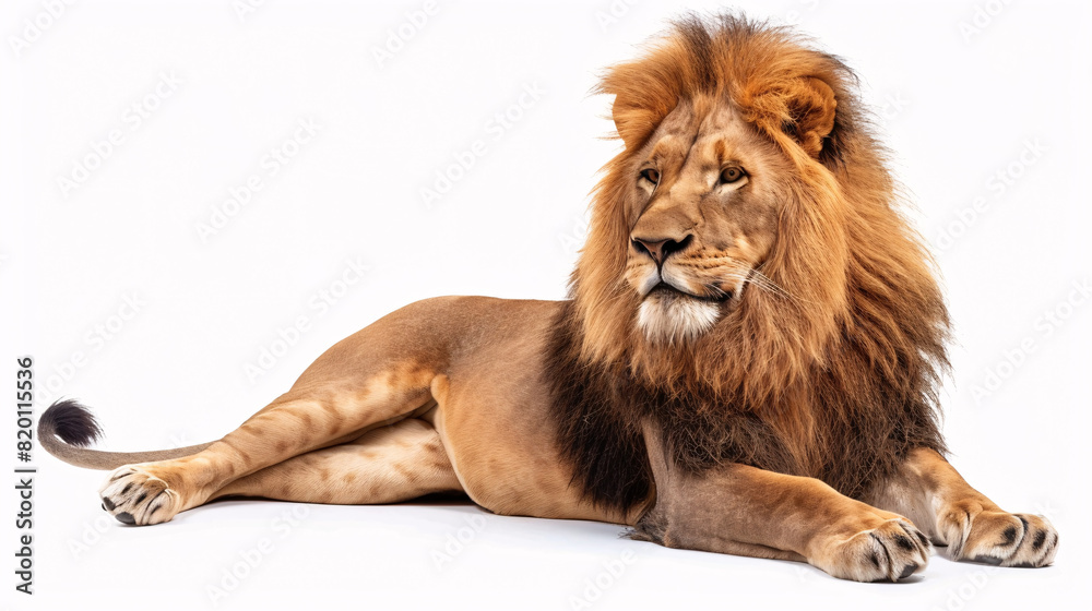 Obraz premium Regal lion lying down with a majestic mane. Powerful and majestic lion resting with a full mane.