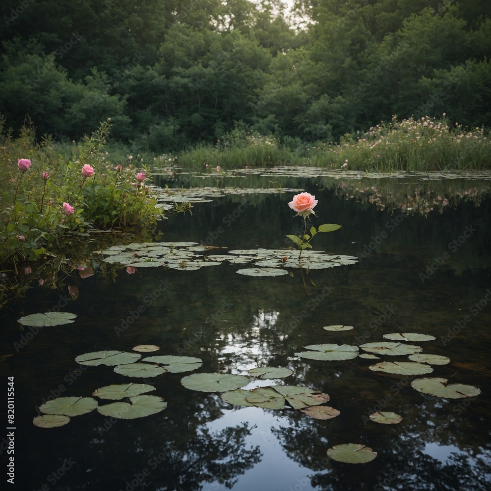 A secluded woodland pond surrounded by wildflowers, with a solitary rose drifting gracefully in its tranquil waters. A secluded woodland pond surrounded by wildflowers, with a solitary rose drifting gracefully in its tranquil waters.