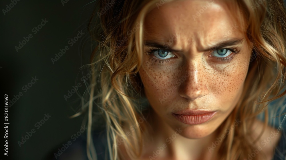 Intense Stare of a Freckled Woman