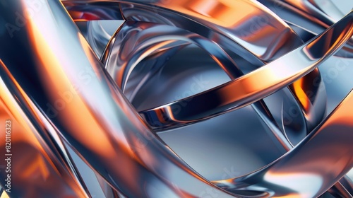 3d rendering of abstract background with glossy metal and copper ribbons in motion. Modern futuristic wallpaper for banner, poster or cover design. High resolution, sharp focus, studio lighting