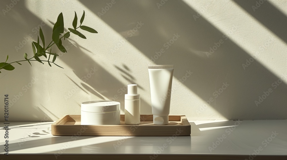 A mockup of white and black skincare tubes on a wooden tray. A mockup of white and black skincare tubes on a wooden tray.