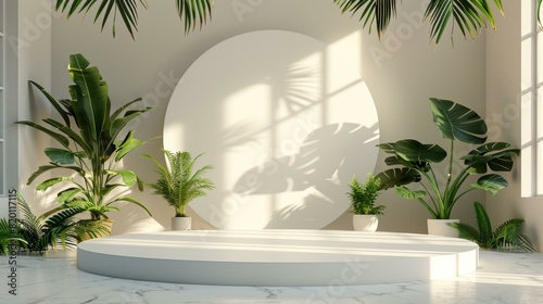 Modern White Podium with Green Plants photo