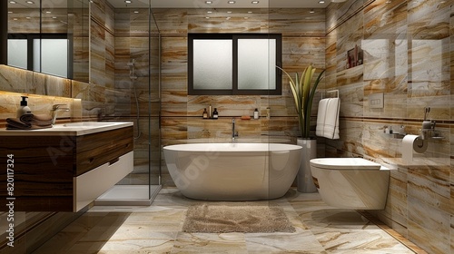 Bathroom interior with brown marble tiles  white bathtub and wooden vanity