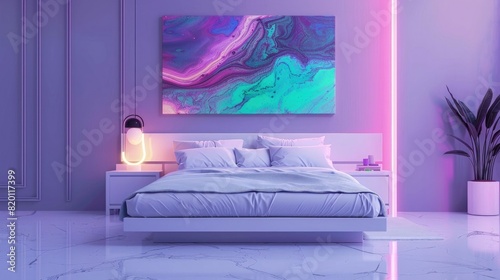 3D rendering of an abstract fluid marble painting hanging on the wall in a bedroom with a bed and 