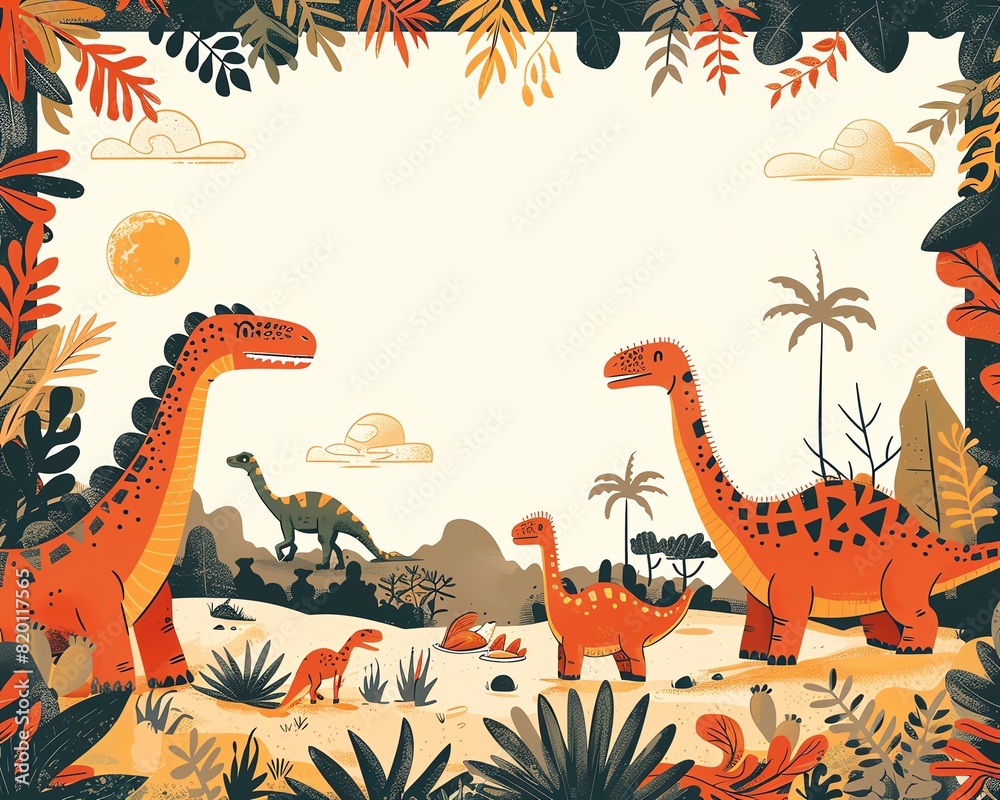 Illustrated scene featuring various cartoon dinosaurs in a vibrant prehistoric landscape surrounded by lush foliage and rocky terrain. Illustrated scene featuring various cartoon dinosaurs in a vibrant prehistoric landscape surrounded by lush foliage and rocky terrain.