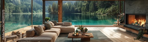 A large living room with a fireplace