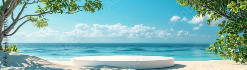 Beautiful tropical beach with a white platform  surrounded by lush green trees and a clear blue ocean under a bright sky.