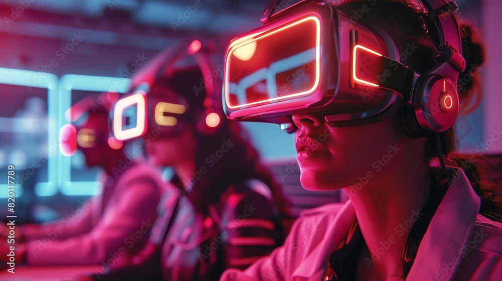 Animated team in office, virtual reality headsets, futuristic tech, steampunk elements, neon accents, high resolution Animated team in office, virtual reality headsets, futuristic tech, steampunk elements, neon accents, high resolution