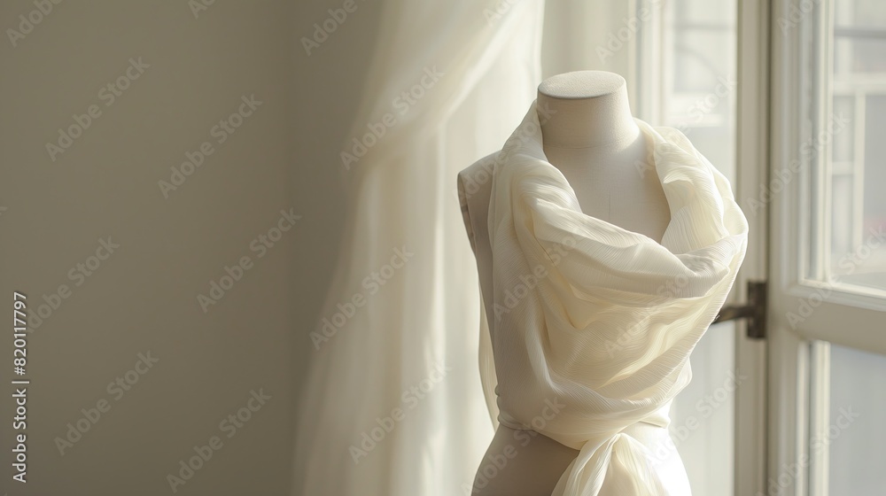Close-up of elegant white fabric artfully draped on a mannequin, showcasing intricate folds and soft textures.
