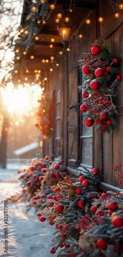 Facade of an old wooden house with Christmas decorations on a sunny winter day. Christmas holidays. Christmas theme.