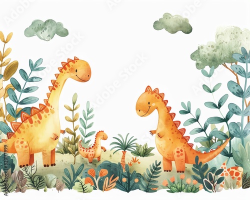 Shrigleyinspired frame  blank center  dinosaurs cooking  whimsical  simple illustration