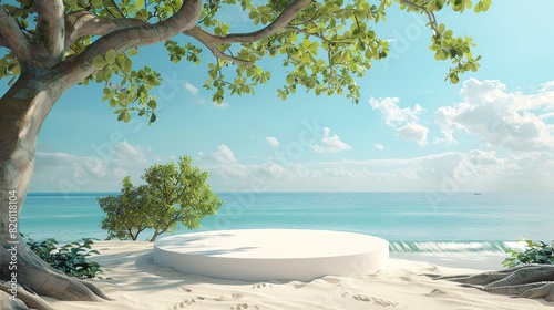 White circular podium on sand  big tree branch with green tropical leaves  blue sky background  natural and bright