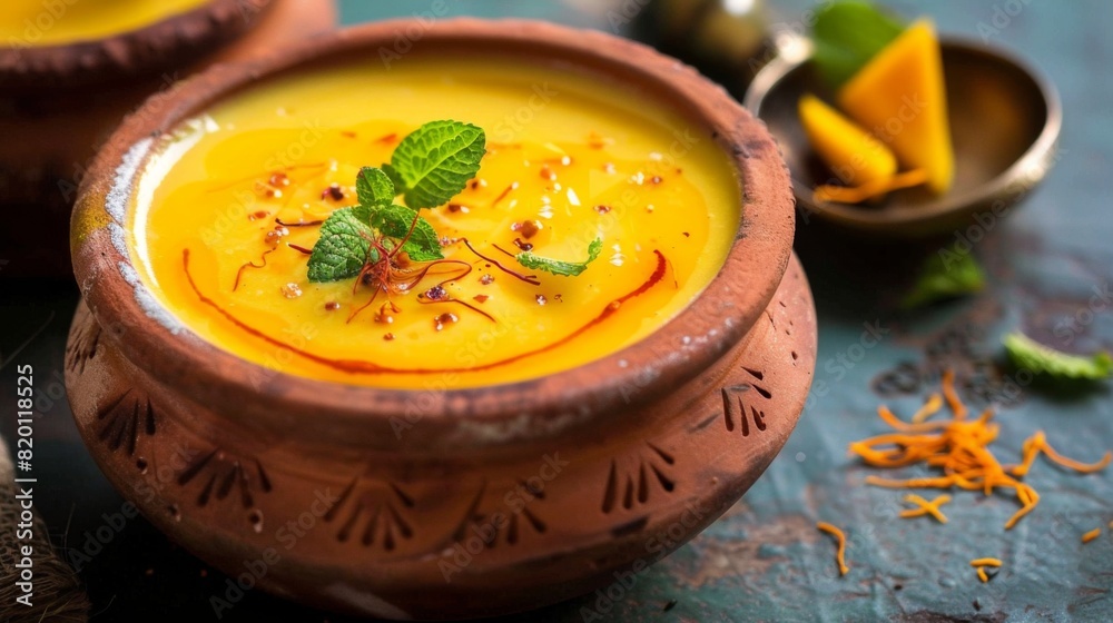 Refreshing mango lassi drink served in a traditional clay pot, garnished with saffron strands and mint leaves. Refreshing mango lassi drink served in a traditional clay pot, garnished with saffron strands and mint leaves.