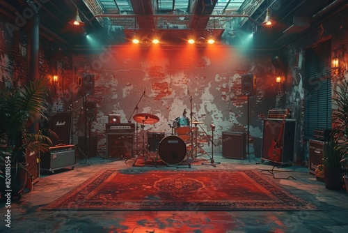 Entertainment at a dark room stage with a drum set for a music event