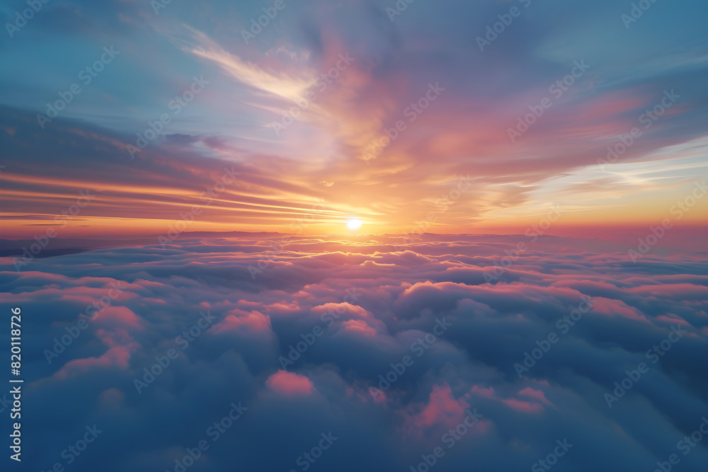 A mesmerizing aerial view of the colorful sunset sky with scattered clouds, creating a peaceful and idyllic atmosphere. Suitable for nature, landscape, and weather-related content. A mesmerizing aerial view of the colorful sunset sky with scattered clouds, creating a peaceful and idyllic atmosphere. Suitable for nature, landscape, and weather-related content.