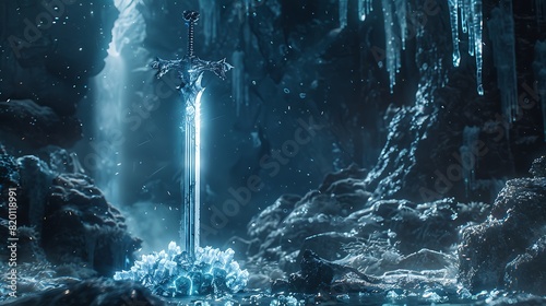 A shimmering sword, forged from the heart of a dying star, resting upon a pedestal of crystalline ice, its power untamed. photo