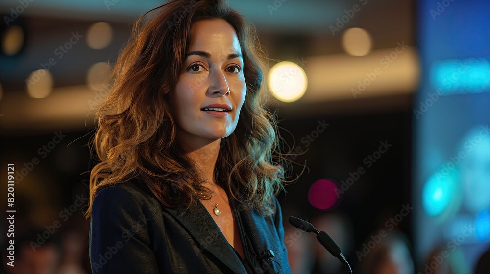 A confident woman addresses an audience during a formal event, illuminated by warm stage lights. Her professional attire and poised demeanor highlight her role as an engaging speaker. A confident woman addresses an audience during a formal event, illuminated by warm stage lights. Her professional attire and poised demeanor highlight her role as an engaging speaker.