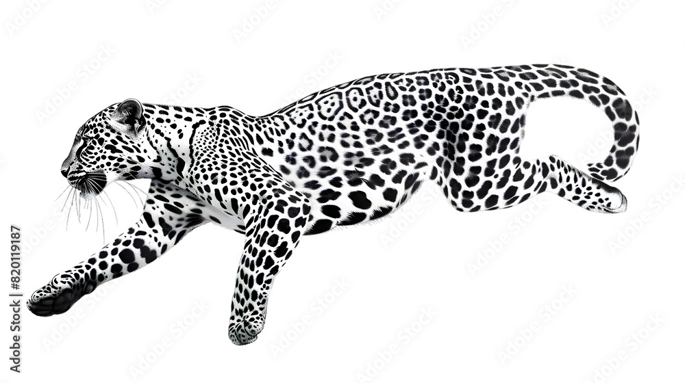 Jumping leopard black and white ink illustration isolated on transparent background Jumping leopard black and white ink illustration isolated on transparent background