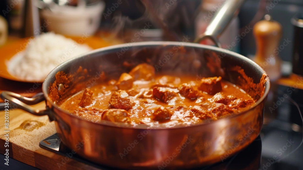 Rich and creamy chicken tikka masala simmering in a copper pot, ready to be served with fragrant basmati rice. Rich and creamy chicken tikka masala simmering in a copper pot, ready to be served with fragrant basmati rice.