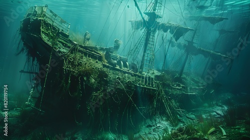 sunken pirate ship under the ocean. overgrown with seaweed photo