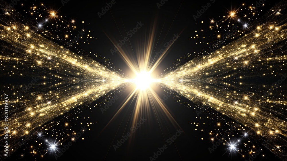 Obraz premium A radiant burst of golden light emitting sparkling particles, creating a stunning visual effect against a dark background..