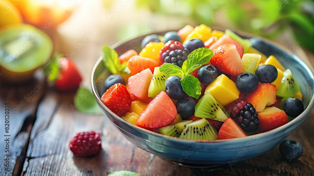 A colorful and refreshing fruit salad featuring a variety of fresh fruits and garnished with mint leaves, perfect for a healthy snack..