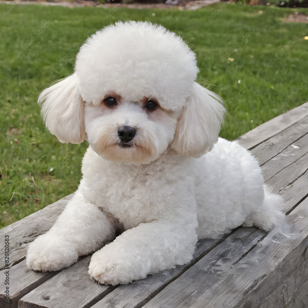 White Bichon Frise dog sitting on a wooden bench. White Bichon Frise dog sitting on a wooden bench.