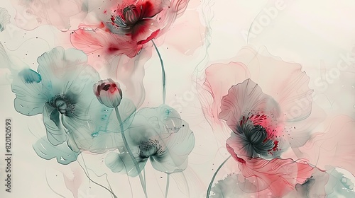 Delicate watercolor painting of flowers in soft red and blue tones, capturing elegance and serenity on a light background.
