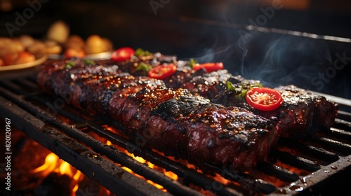 Juicy BBQ ribs on smoky background: mouthwatering close-up shot